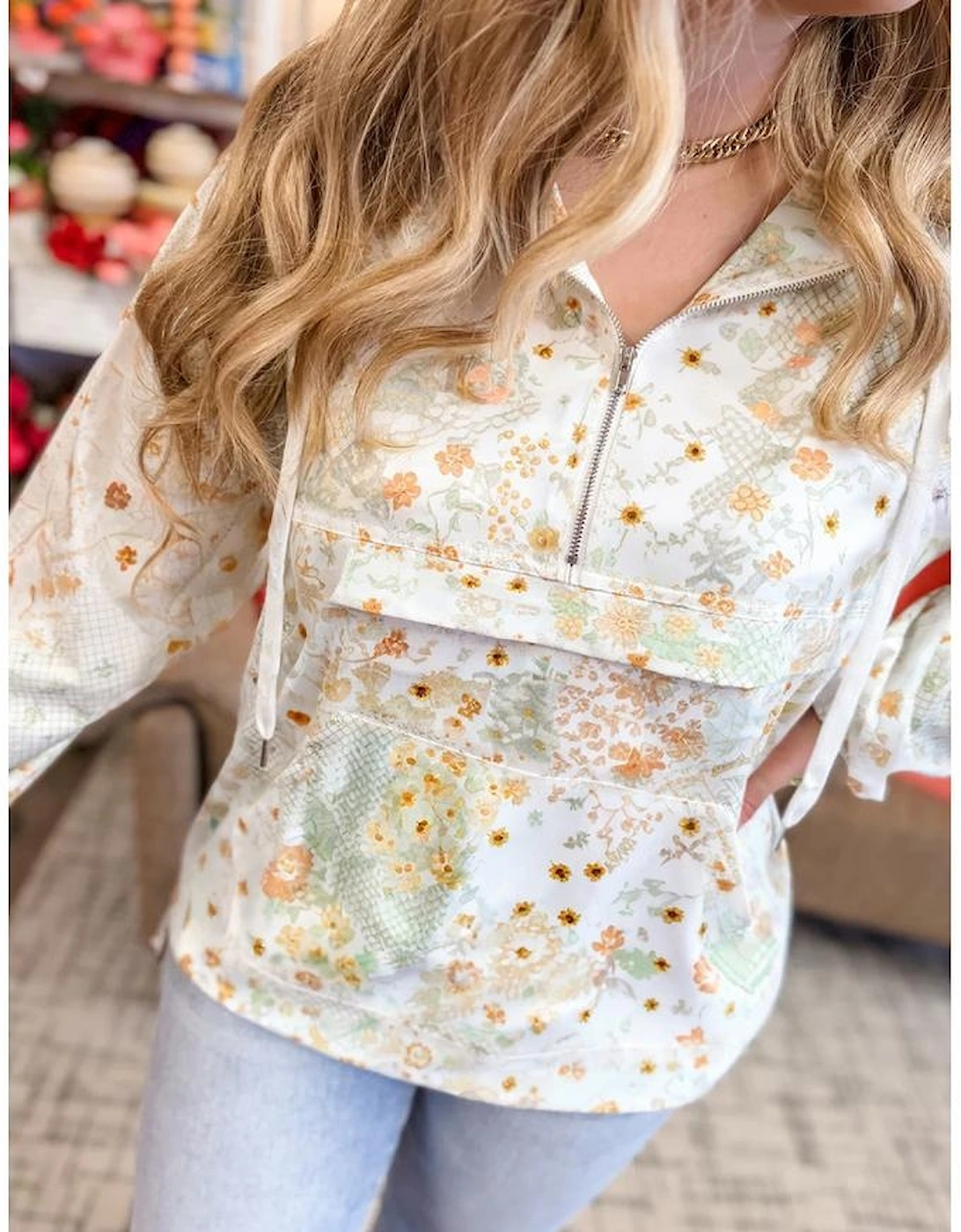 Yellow Floral Print Half Zip Hooded Long Sleeve Top, 3 of 2