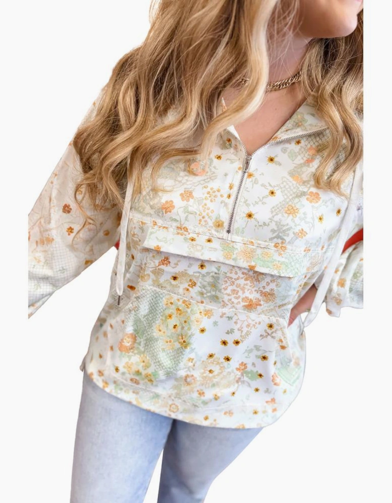 Yellow Floral Print Half Zip Hooded Long Sleeve Top
