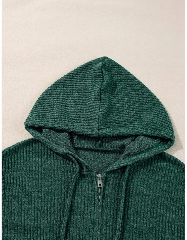 Evergreen Ribbed Zip Up Front Drawstring Hoodie
