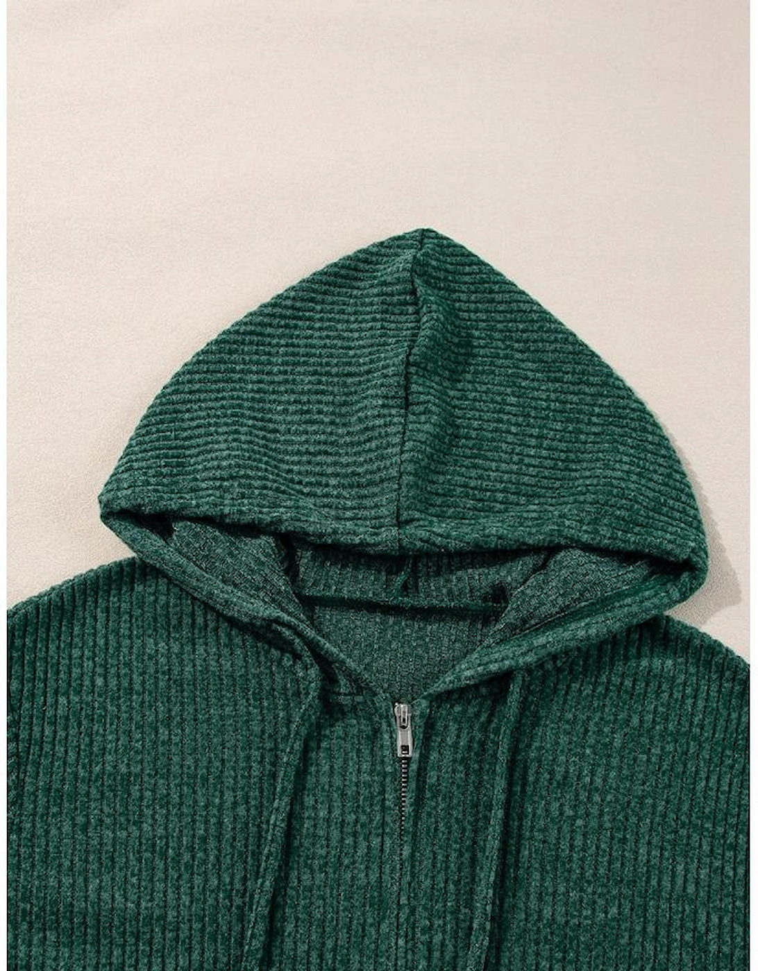 Evergreen Ribbed Zip Up Front Drawstring Hoodie