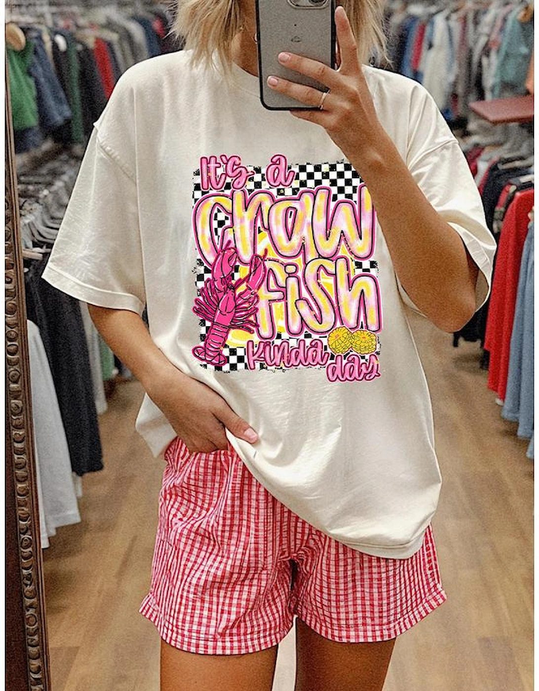 White Crawfish Checkered Pattern Graphic Tee