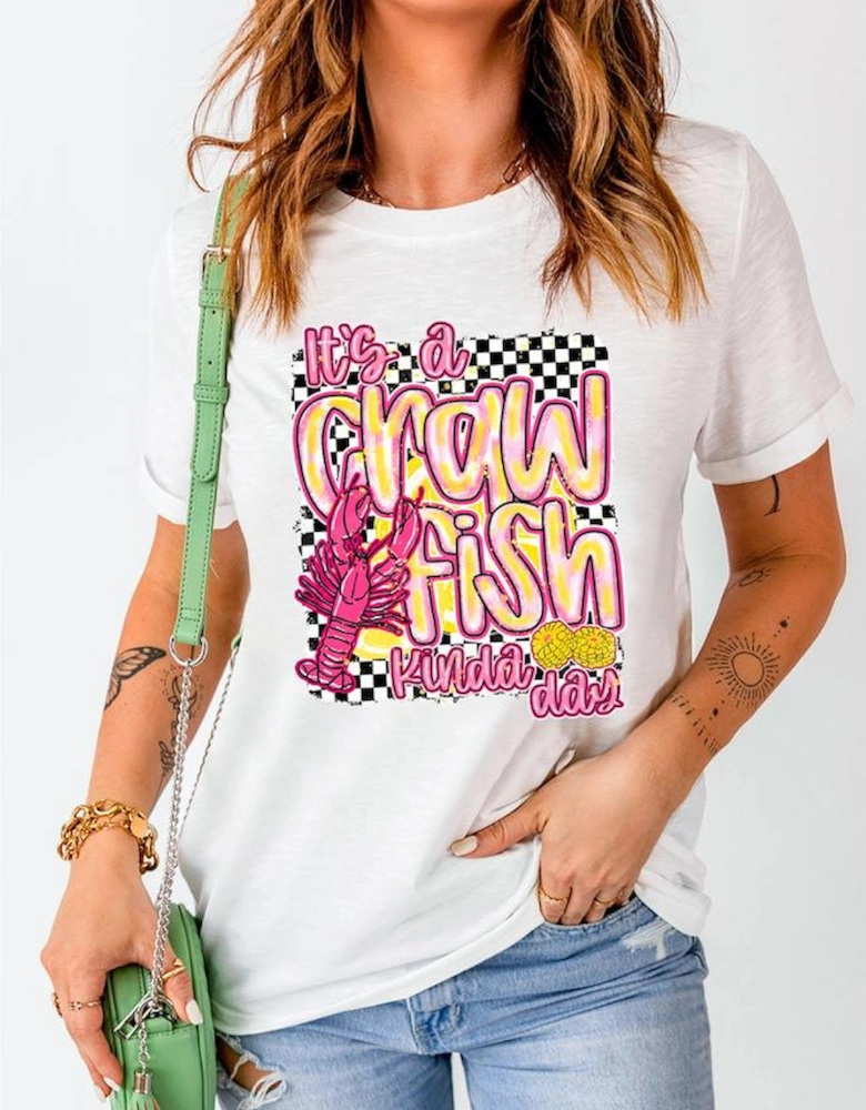 White Crawfish Checkered Pattern Graphic Tee