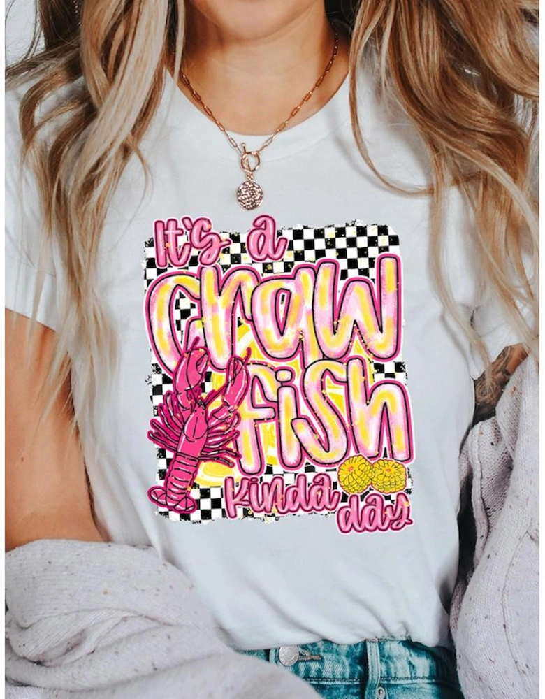 White Crawfish Checkered Pattern Graphic Tee
