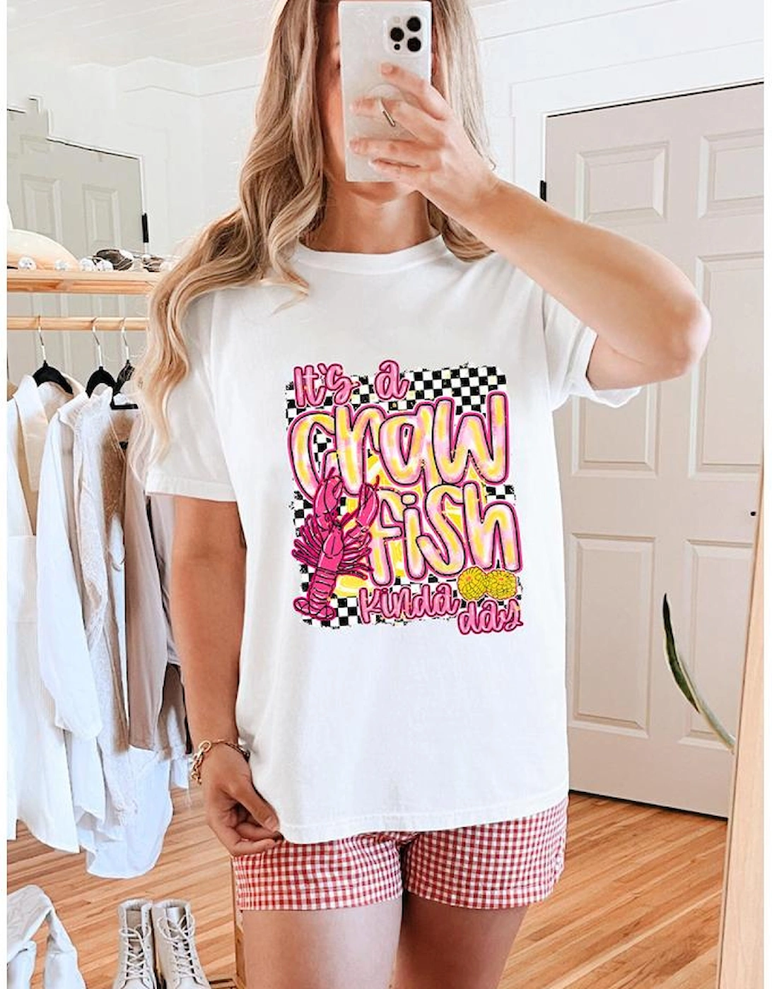 White Crawfish Checkered Pattern Graphic Tee