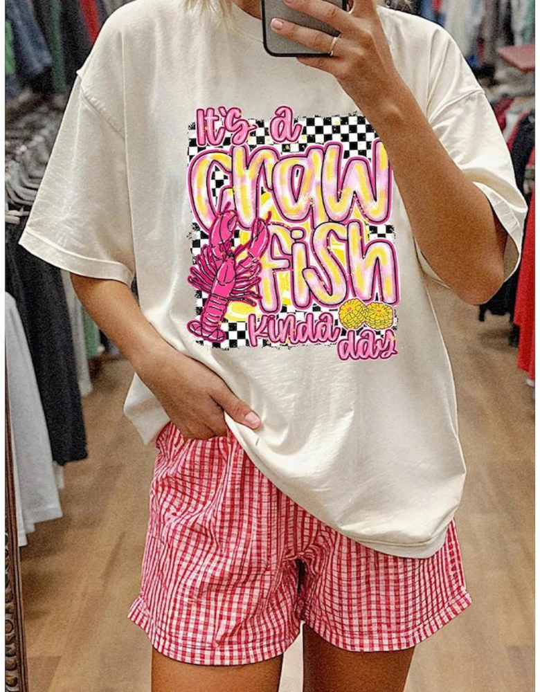 White Crawfish Checkered Pattern Graphic Tee