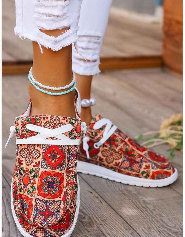 Fiery Red Western Printed Lacing Flat Slip On Shoes