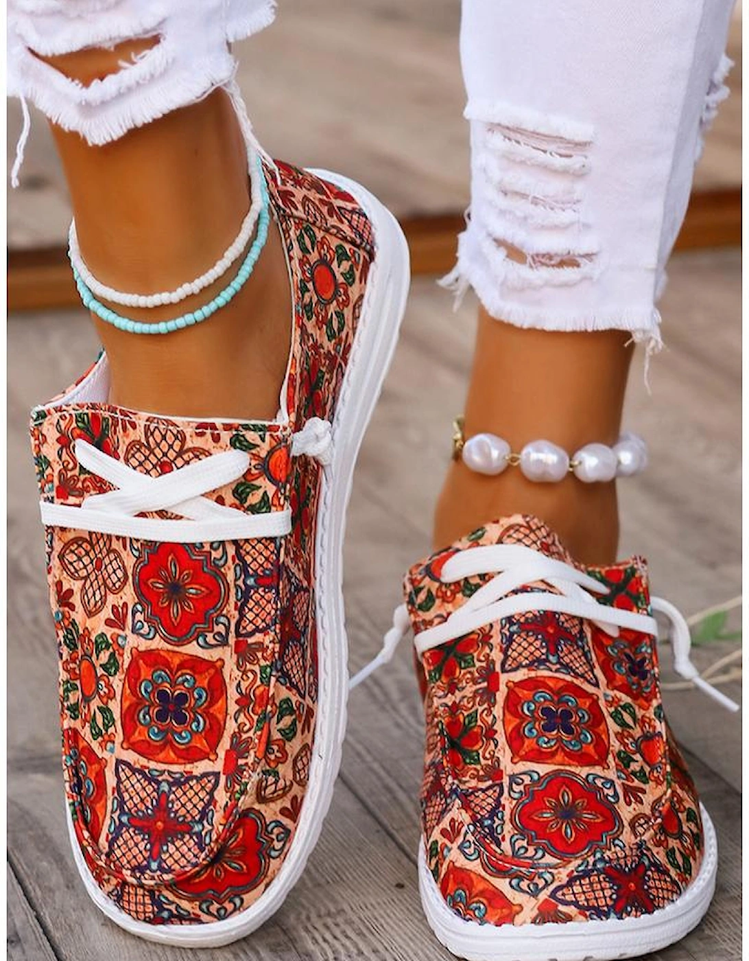 Fiery Red Western Printed Lacing Flat Slip On Shoes
