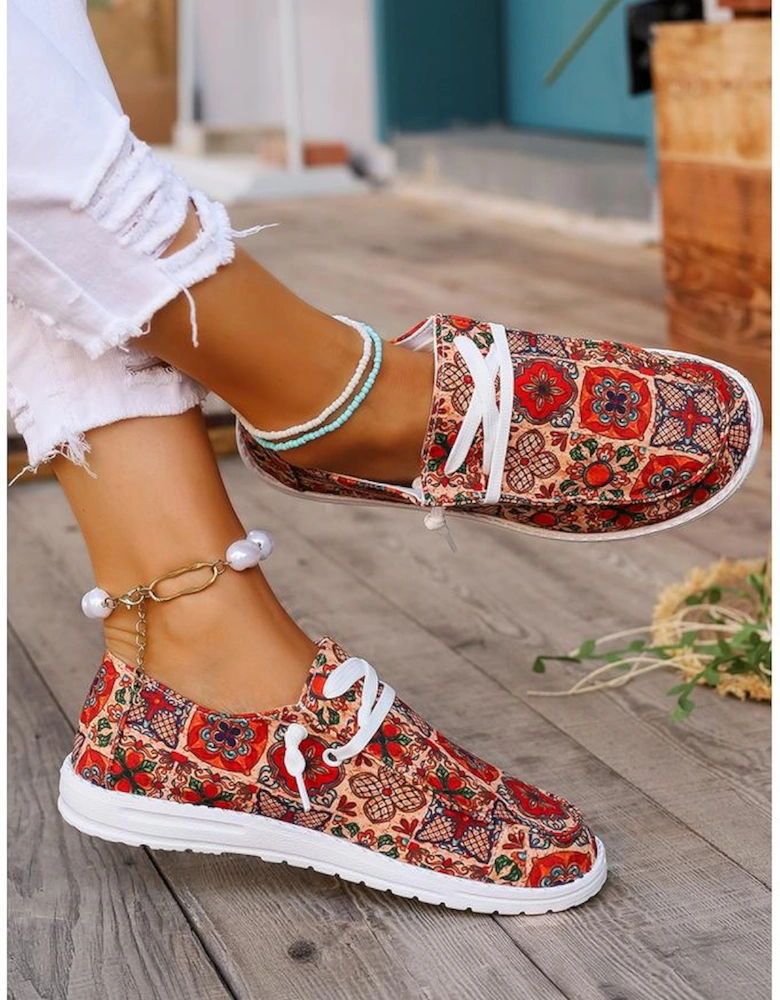 Fiery Red Western Printed Lacing Flat Slip On Shoes