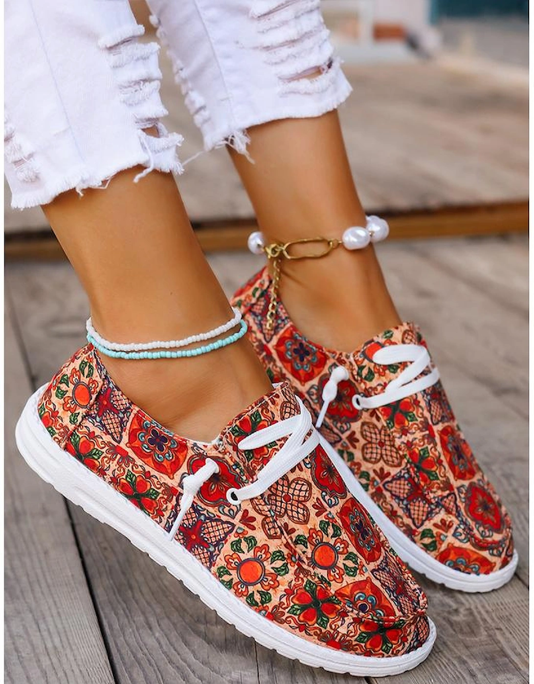 Fiery Red Western Printed Lacing Flat Slip On Shoes
