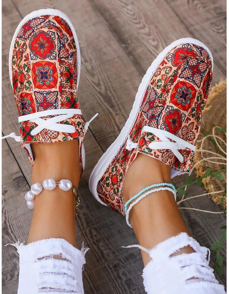 Fiery Red Western Printed Lacing Flat Slip On Shoes