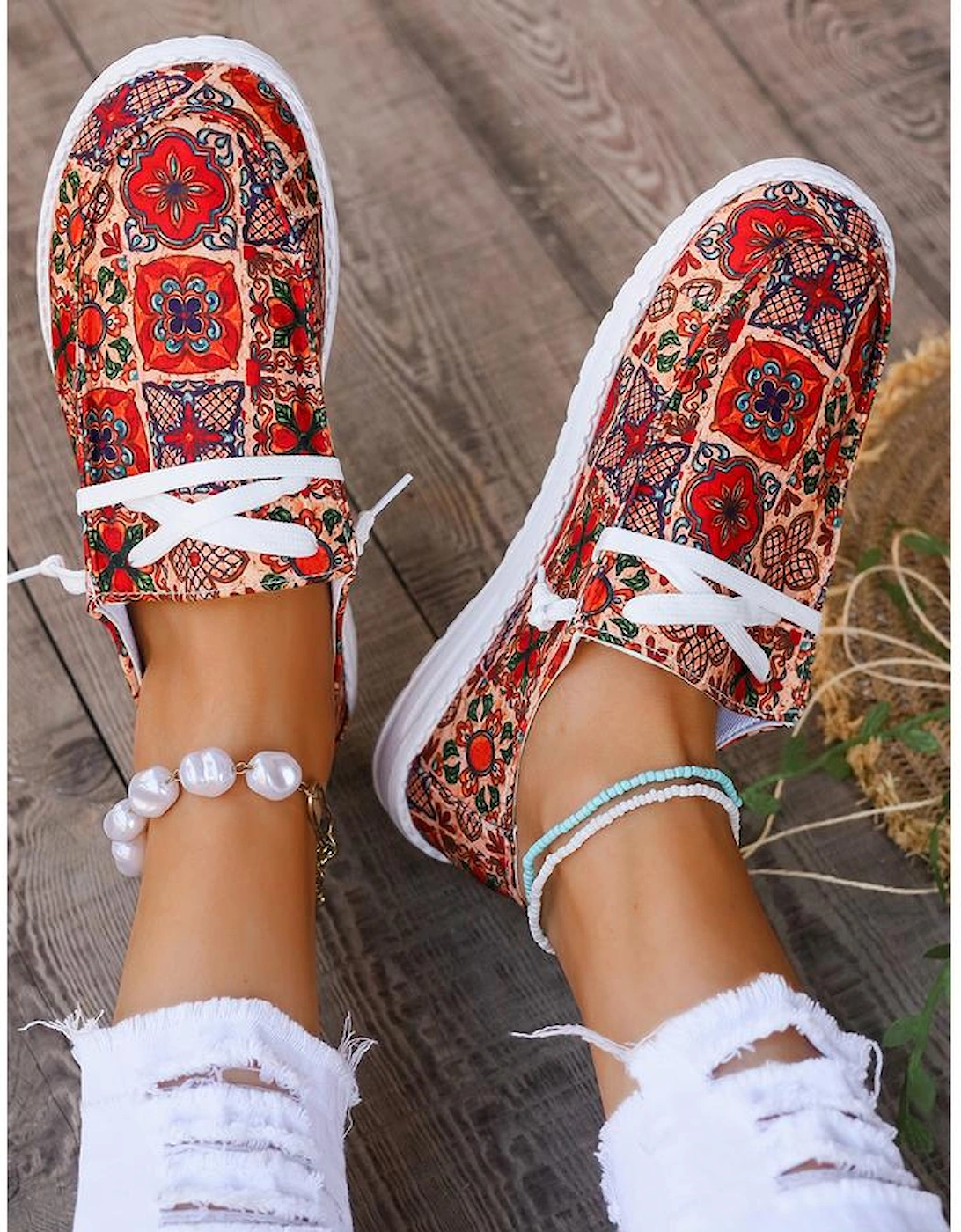 Fiery Red Western Printed Lacing Flat Slip On Shoes