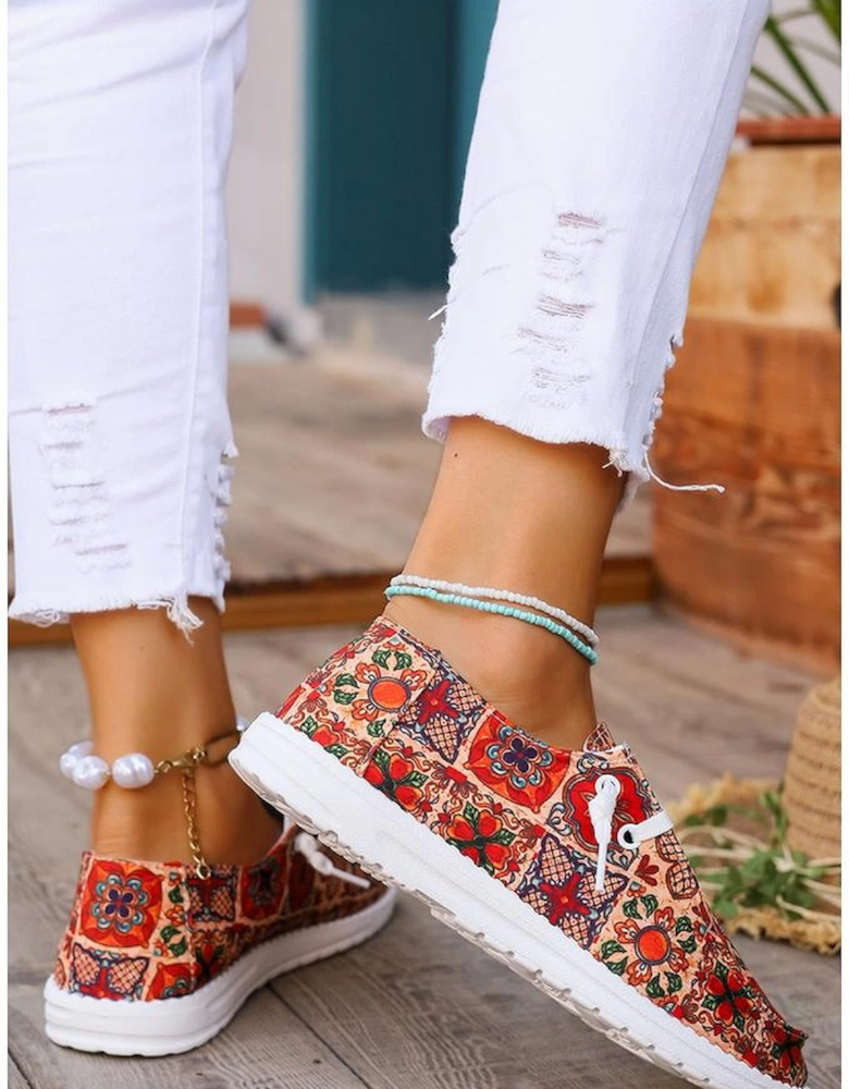 Fiery Red Western Printed Lacing Flat Slip On Shoes