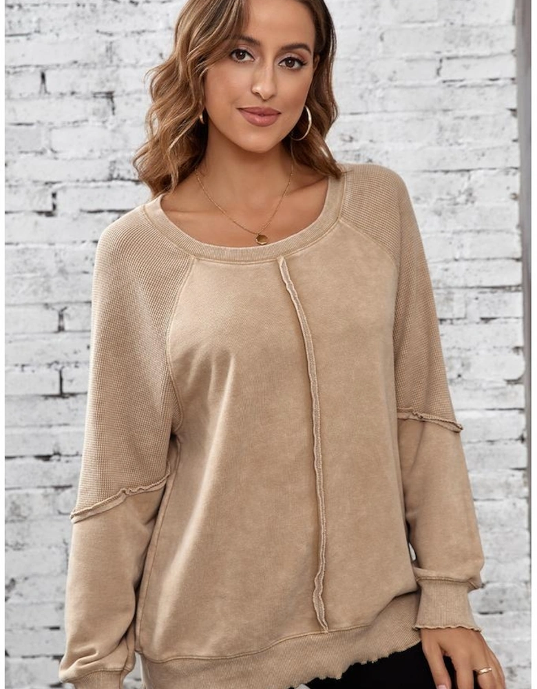 Light French Beige Solid Waffle Knit Patchwork Raglan Sleeve Sweatshirt