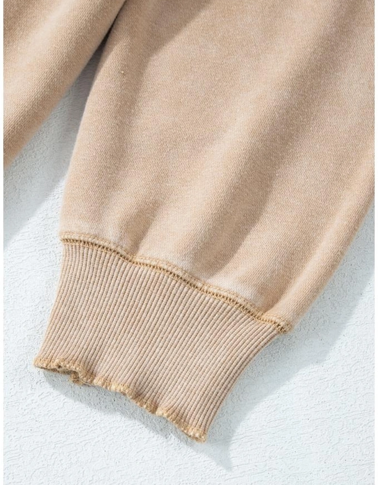 Light French Beige Solid Waffle Knit Patchwork Raglan Sleeve Sweatshirt