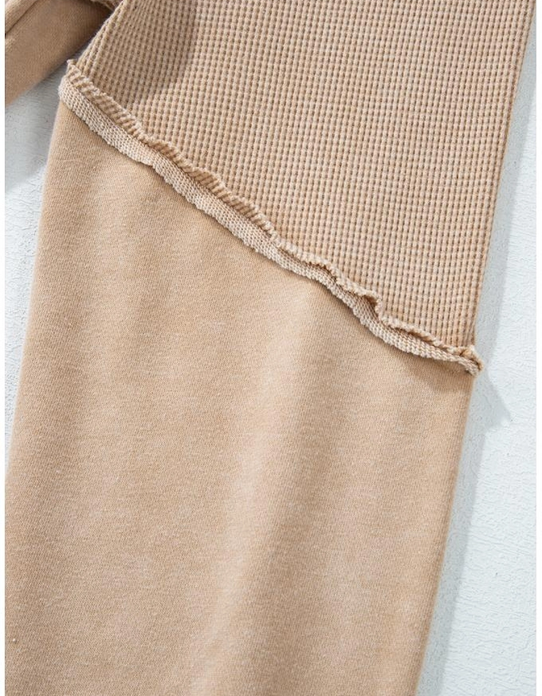 Light French Beige Solid Waffle Knit Patchwork Raglan Sleeve Sweatshirt