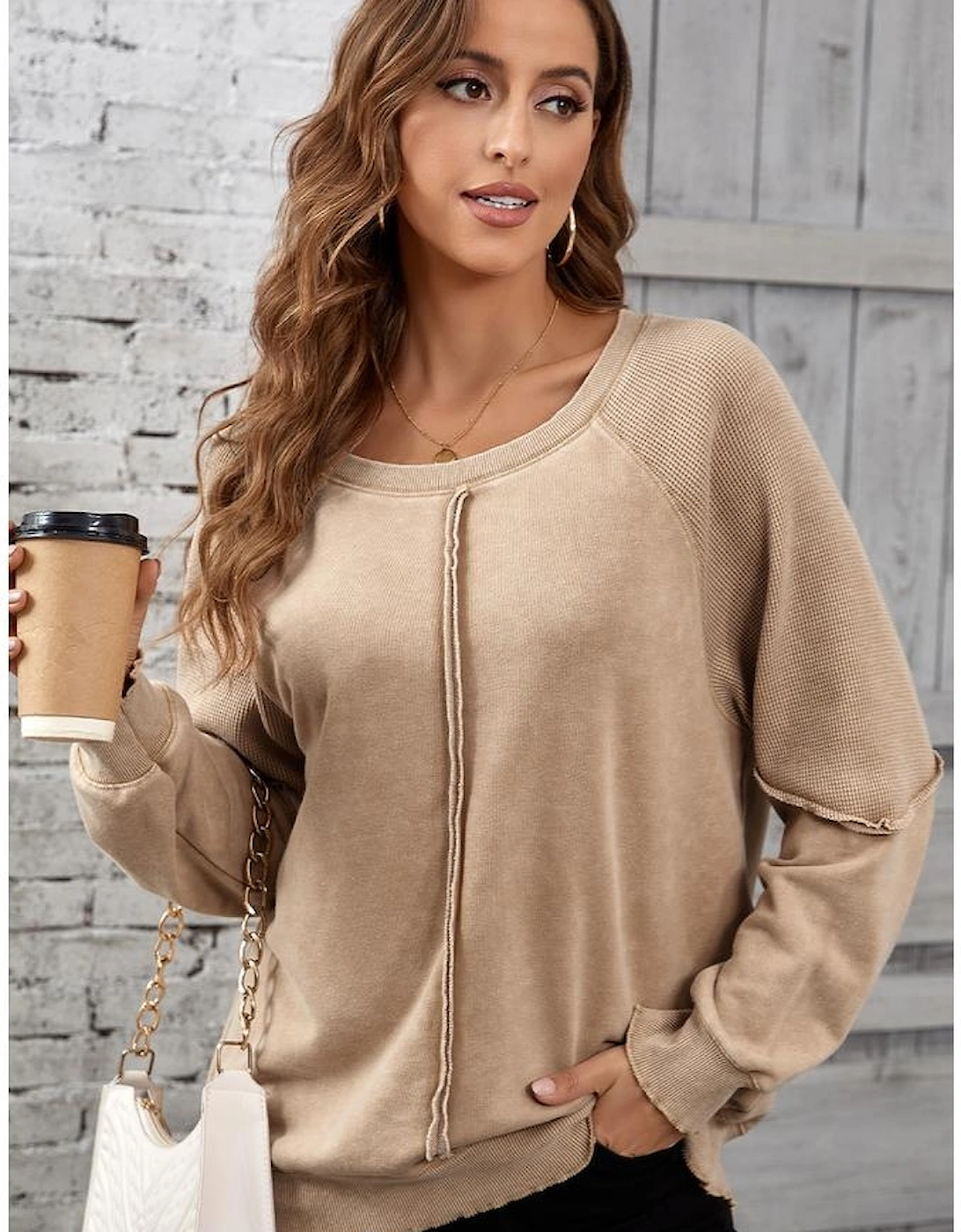 Light French Beige Solid Waffle Knit Patchwork Raglan Sleeve Sweatshirt