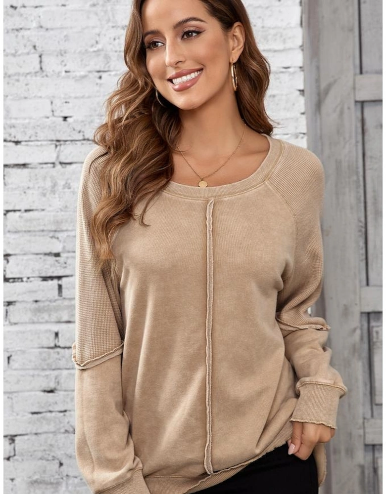 Light French Beige Solid Waffle Knit Patchwork Raglan Sleeve Sweatshirt