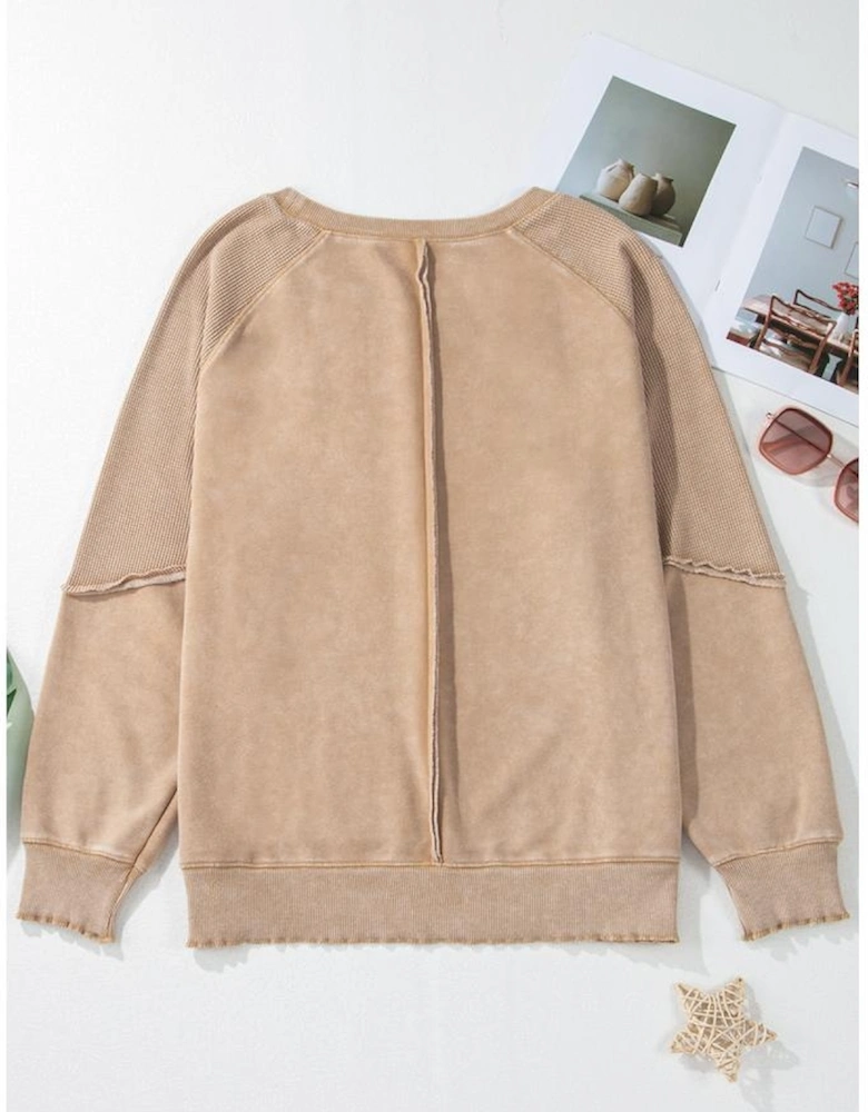 Light French Beige Solid Waffle Knit Patchwork Raglan Sleeve Sweatshirt