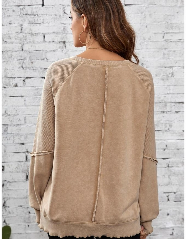 Light French Beige Solid Waffle Knit Patchwork Raglan Sleeve Sweatshirt