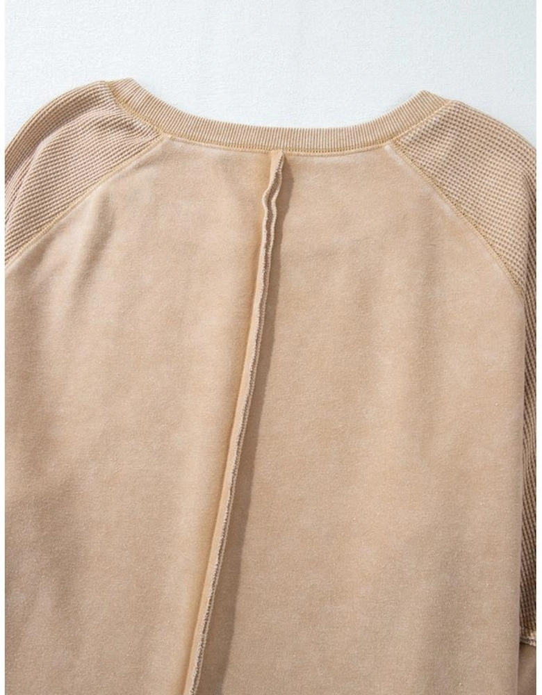 Light French Beige Solid Waffle Knit Patchwork Raglan Sleeve Sweatshirt