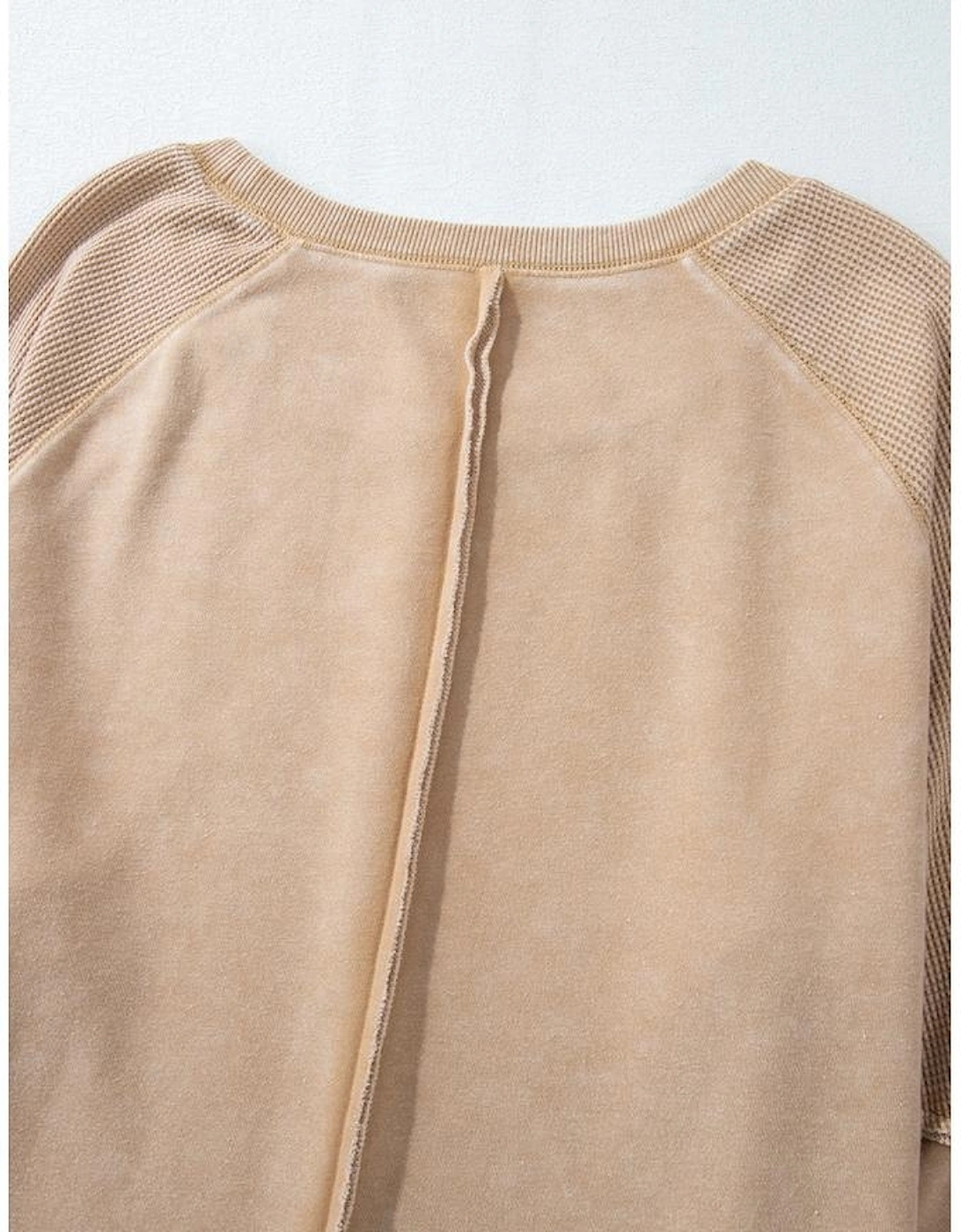 Light French Beige Solid Waffle Knit Patchwork Raglan Sleeve Sweatshirt
