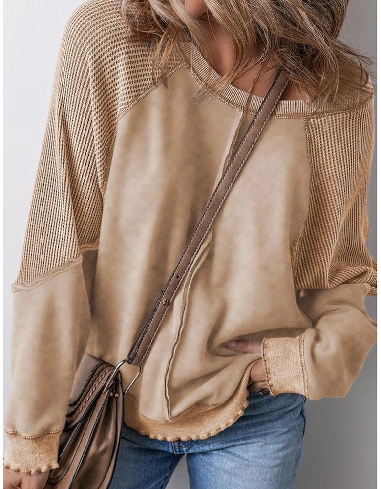 Light French Beige Solid Waffle Knit Patchwork Raglan Sleeve Sweatshirt