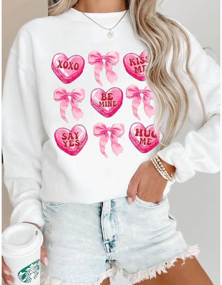 White Valentine Candy Heart & Bow Graphic Sweatshirt