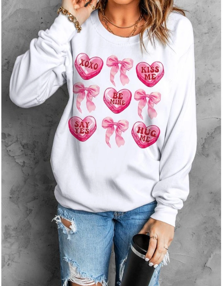 White Valentine Candy Heart & Bow Graphic Sweatshirt