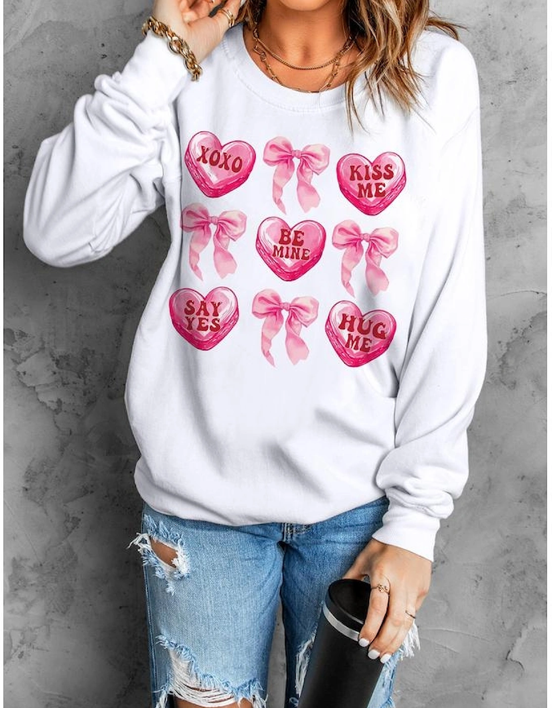 White Valentine Candy Heart & Bow Graphic Sweatshirt