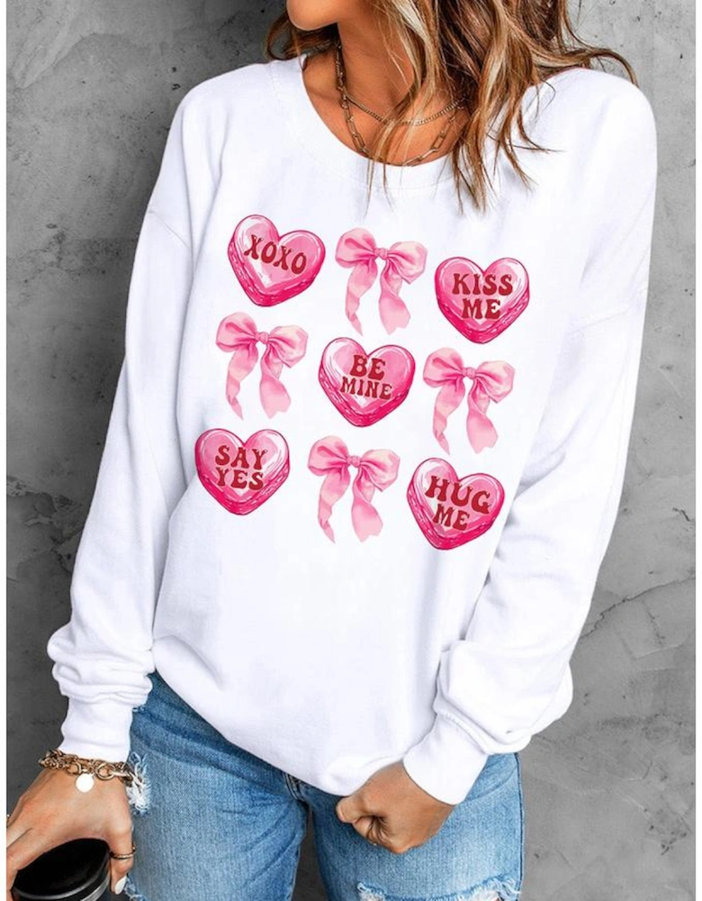 White Valentine Candy Heart & Bow Graphic Sweatshirt