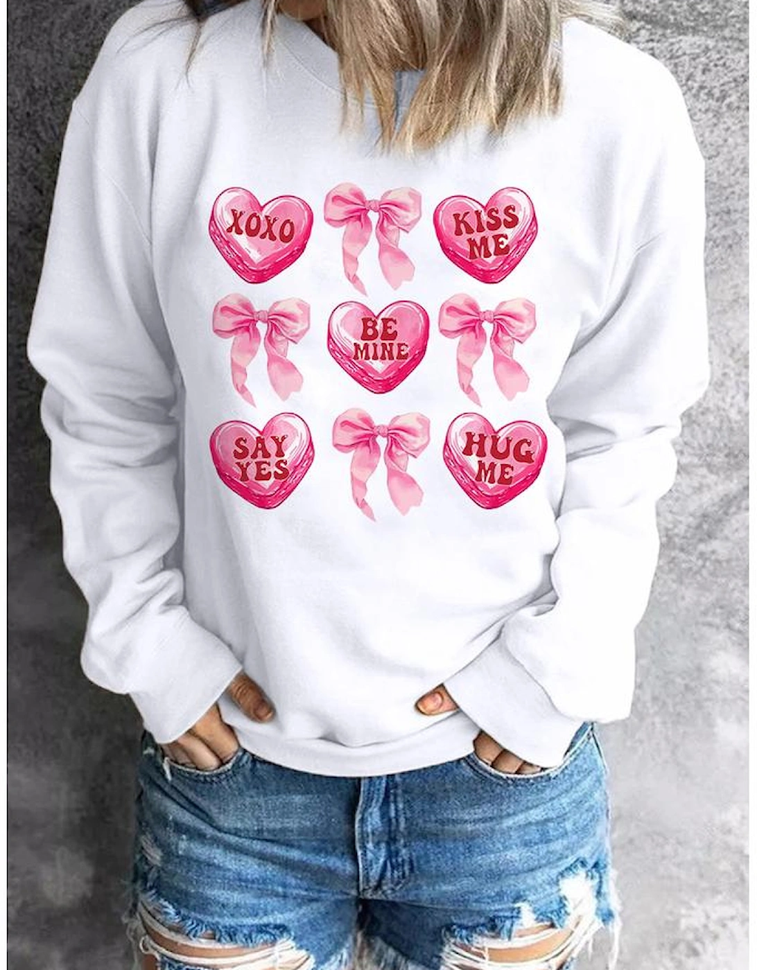 White Valentine Candy Heart & Bow Graphic Sweatshirt