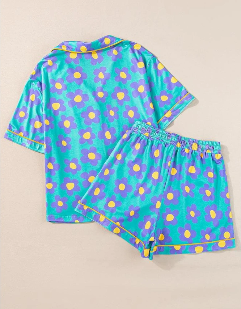 Green Flower Print Short Sleeve Shirt Pajamas Set