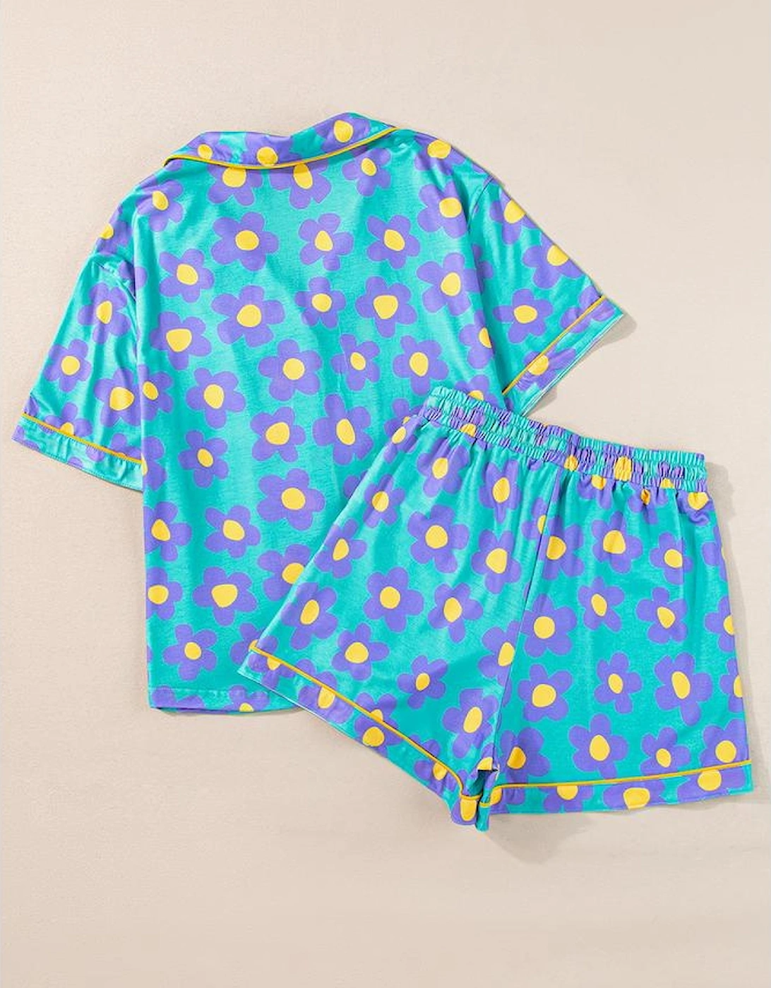 Green Flower Print Short Sleeve Shirt Pajamas Set
