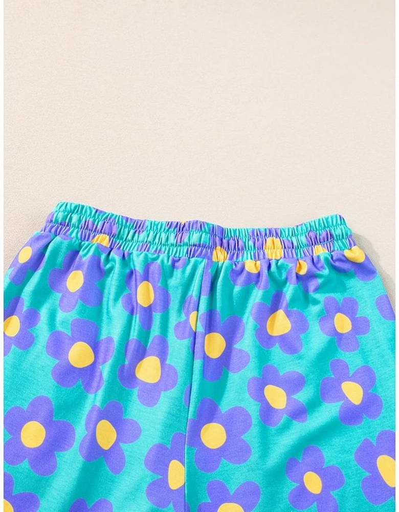 Green Flower Print Short Sleeve Shirt Pajamas Set