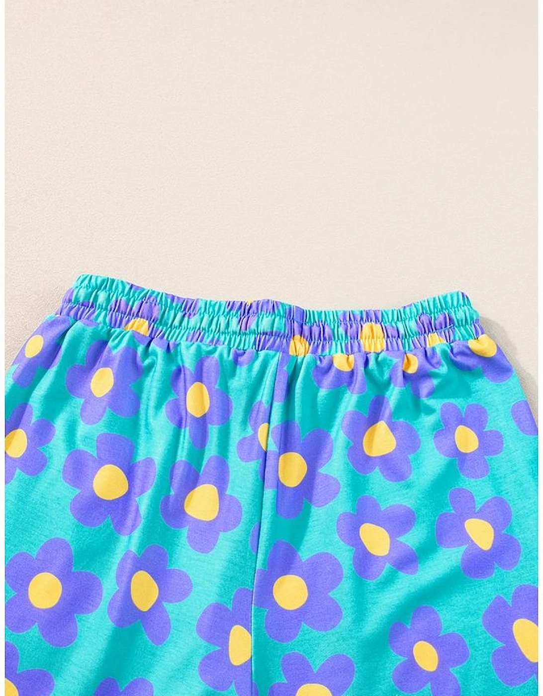 Green Flower Print Short Sleeve Shirt Pajamas Set