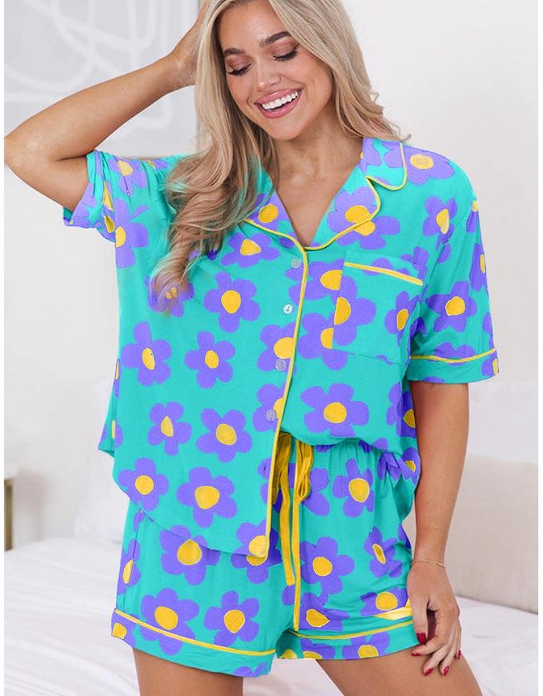Green Flower Print Short Sleeve Shirt Pajamas Set