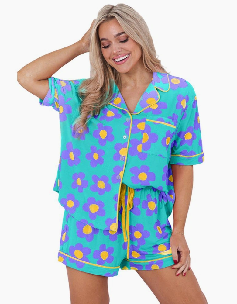 Green Flower Print Short Sleeve Shirt Pajamas Set