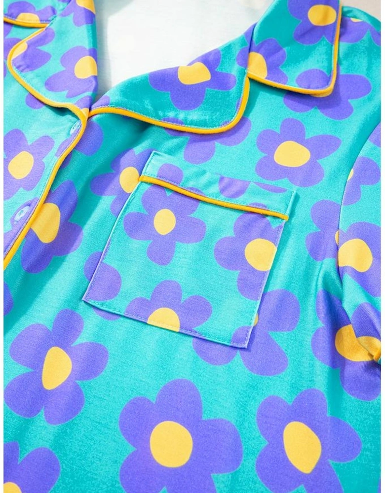 Green Flower Print Short Sleeve Shirt Pajamas Set