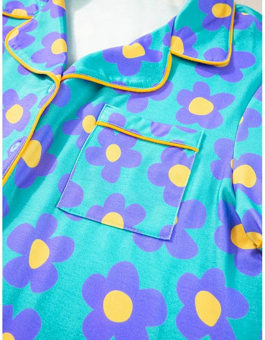 Green Flower Print Short Sleeve Shirt Pajamas Set