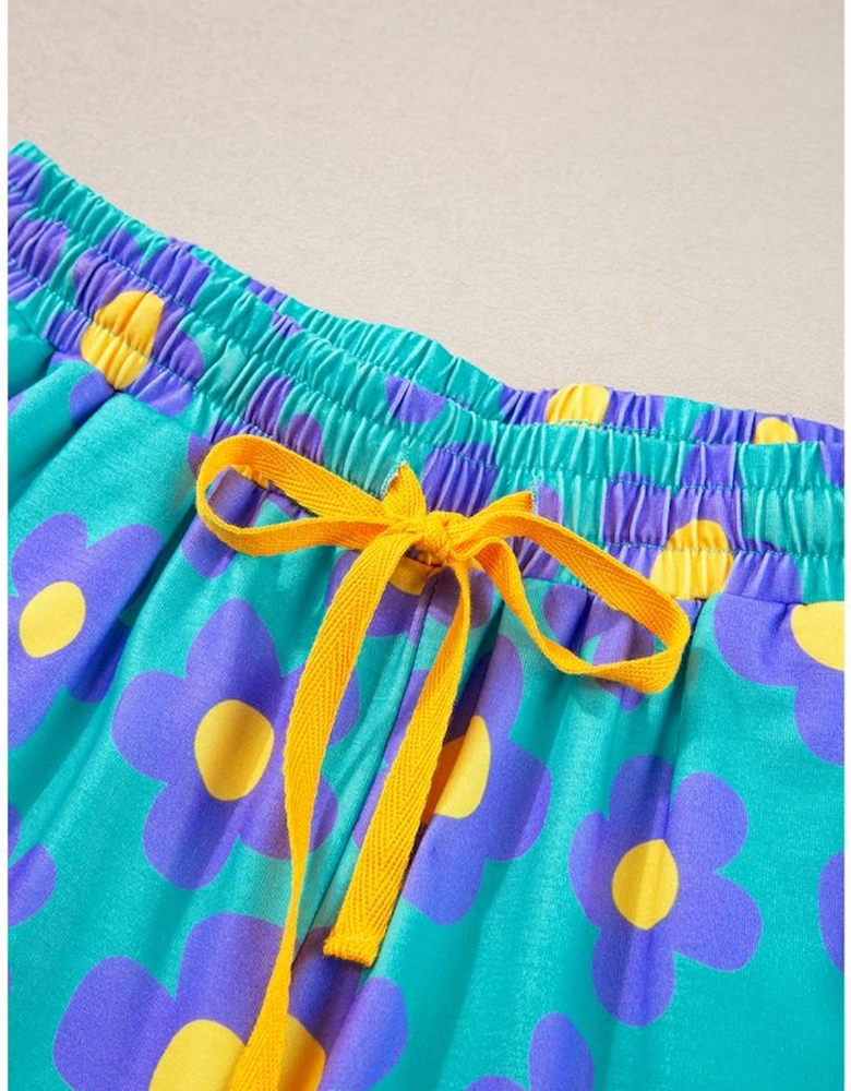 Green Flower Print Short Sleeve Shirt Pajamas Set