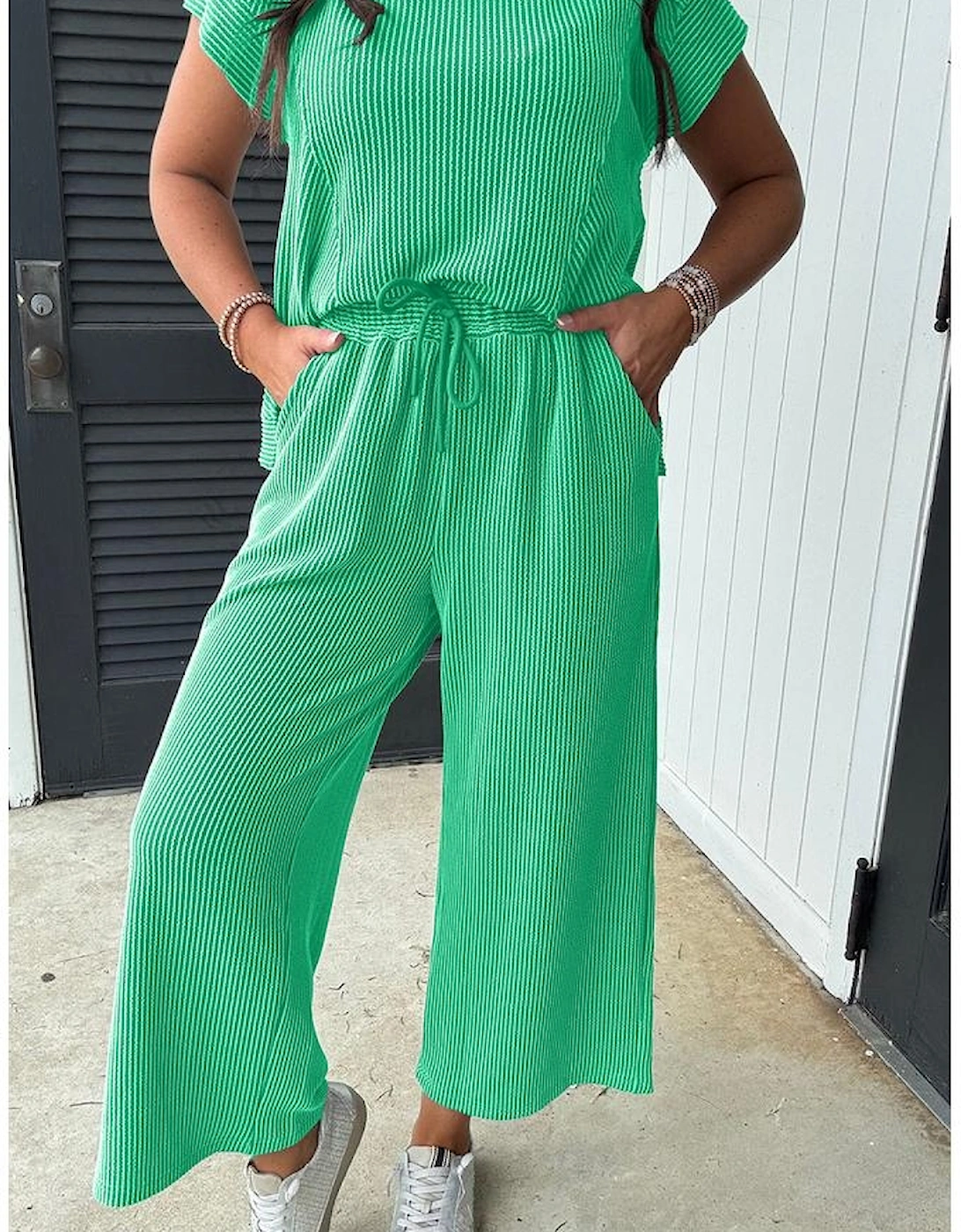 Bright Green Solid Corded Knit Short Sleeve T Shirt and Wide Leg Pants Set