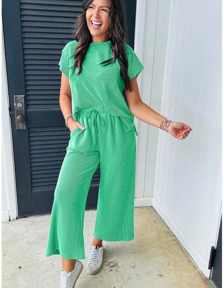 Bright Green Solid Corded Knit Short Sleeve T Shirt and Wide Leg Pants Set