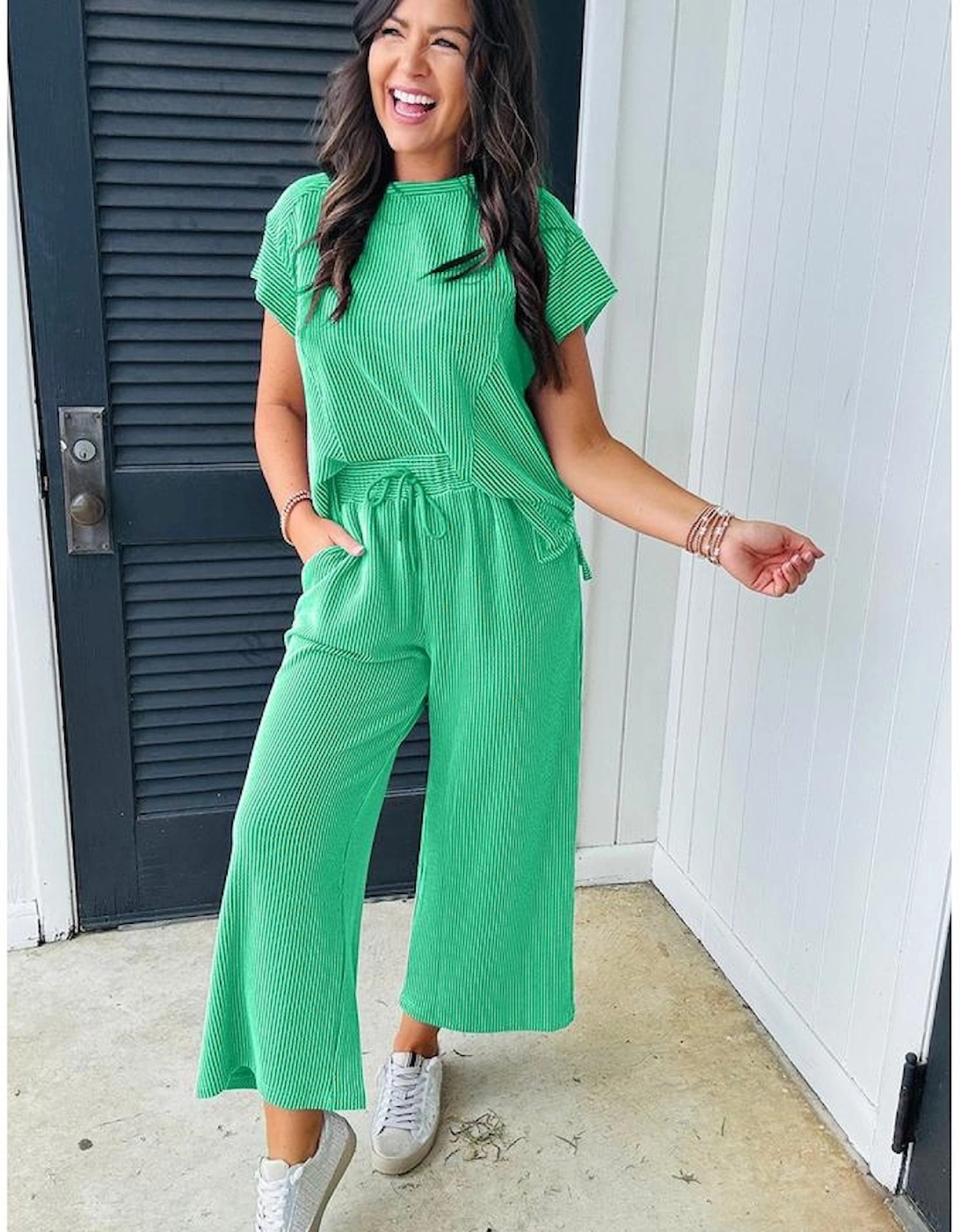 Bright Green Solid Corded Knit Short Sleeve T Shirt and Wide Leg Pants Set
