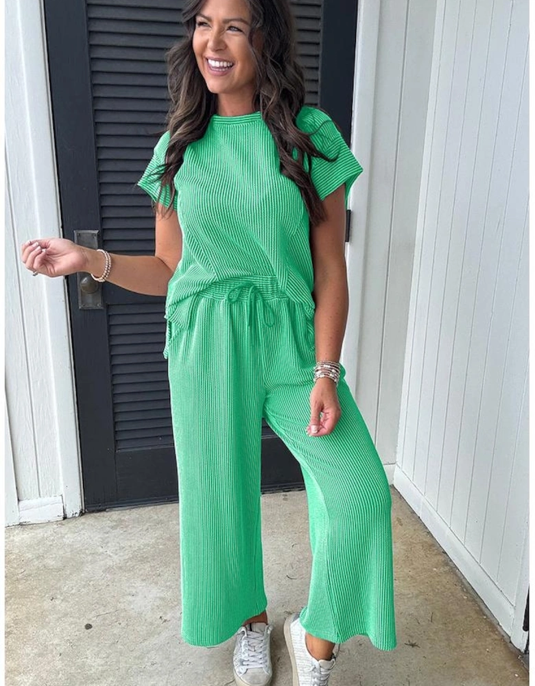 Bright Green Solid Corded Knit Short Sleeve T Shirt and Wide Leg Pants Set