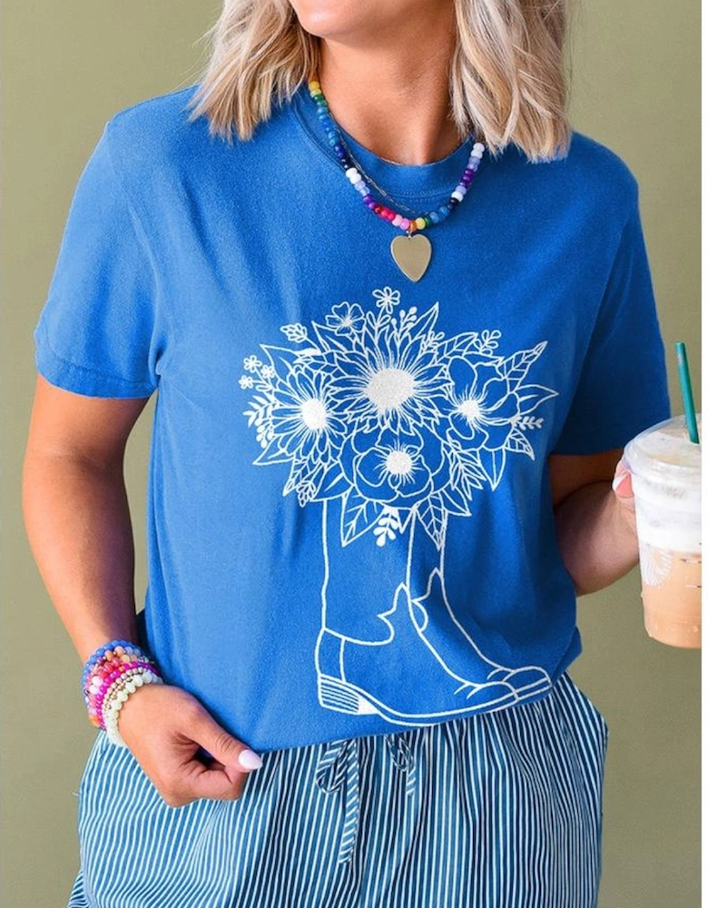 Blue Sunflower Boots Graphic Western Fashion T Shirt