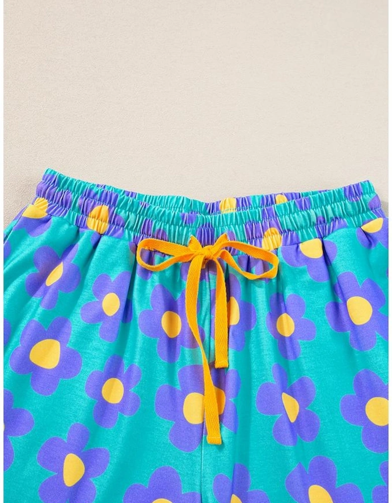 Green Flower Print Short Sleeve Shirt Pajamas Set