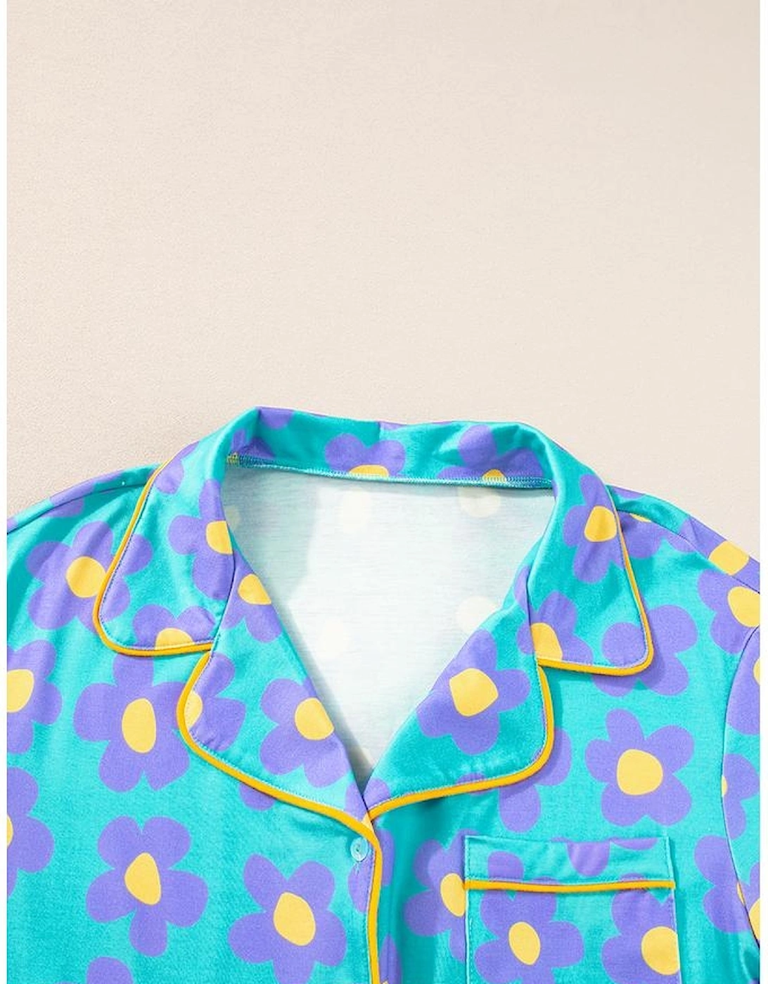 Green Flower Print Short Sleeve Shirt Pajamas Set