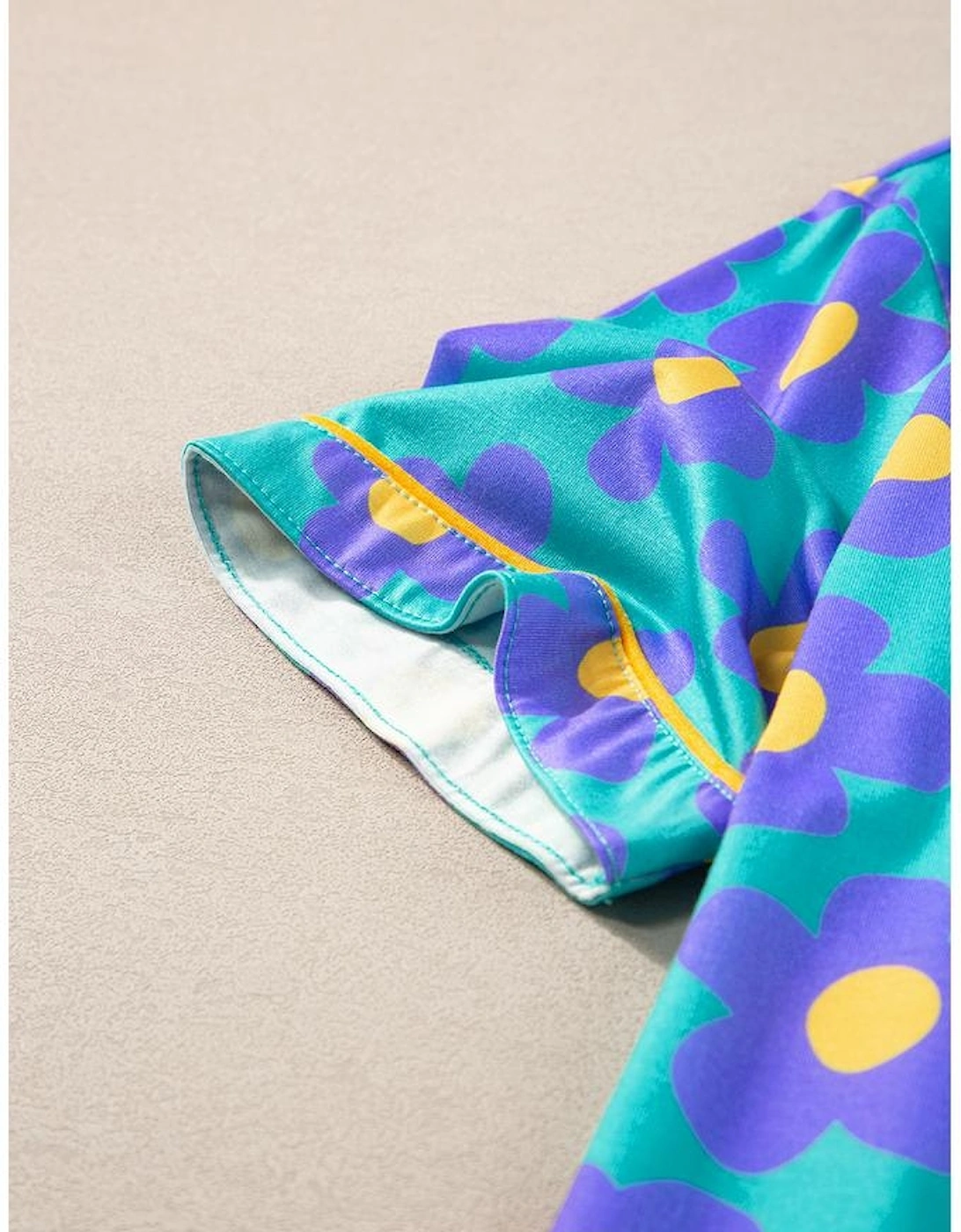 Green Flower Print Short Sleeve Shirt Pajamas Set