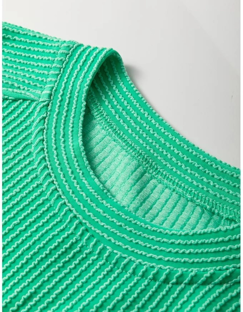 Bright Green Solid Corded Knit Short Sleeve T Shirt and Wide Leg Pants Set