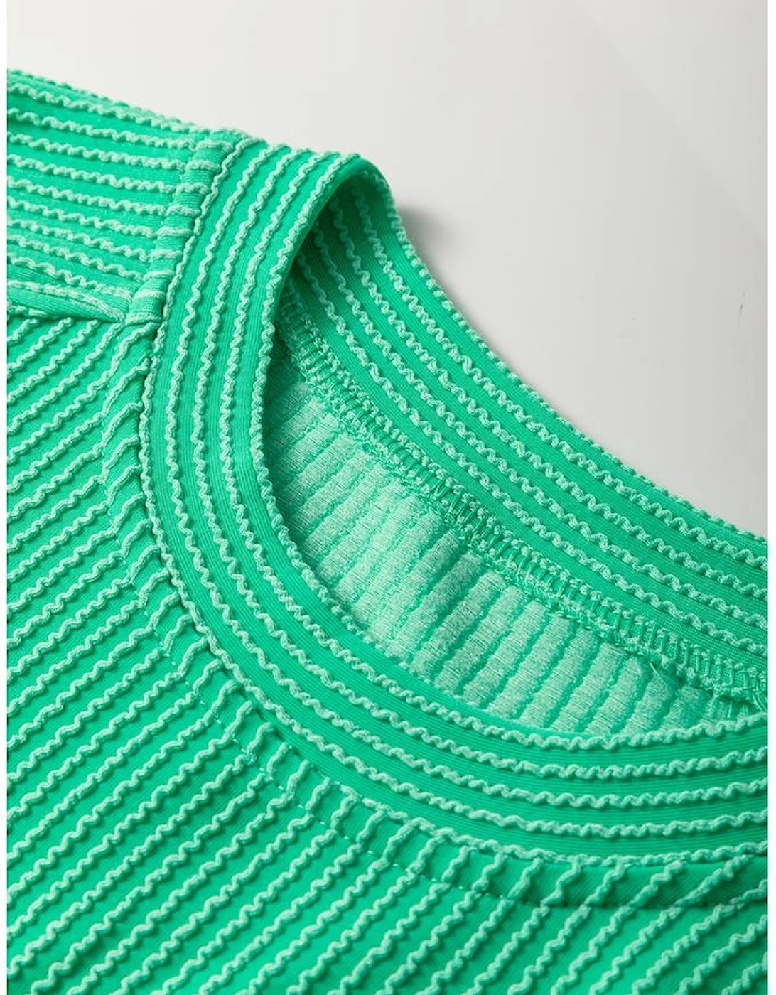 Bright Green Solid Corded Knit Short Sleeve T Shirt and Wide Leg Pants Set